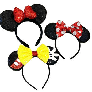 Disney Mickey & Minnie Mouse Ears Set of 3 Sparkling Mouse Ear With Bow Headband